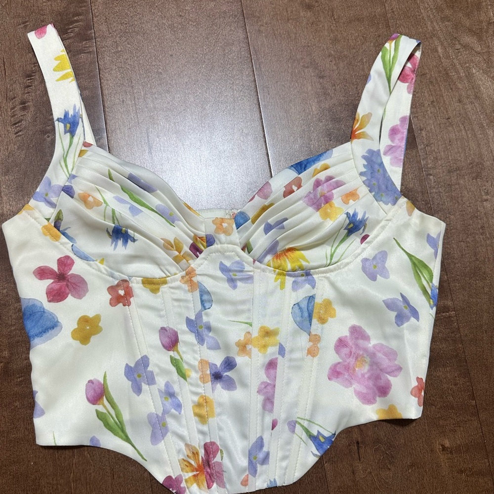 Cider Floral Bustier Tank Top - White with Pastel Flowers